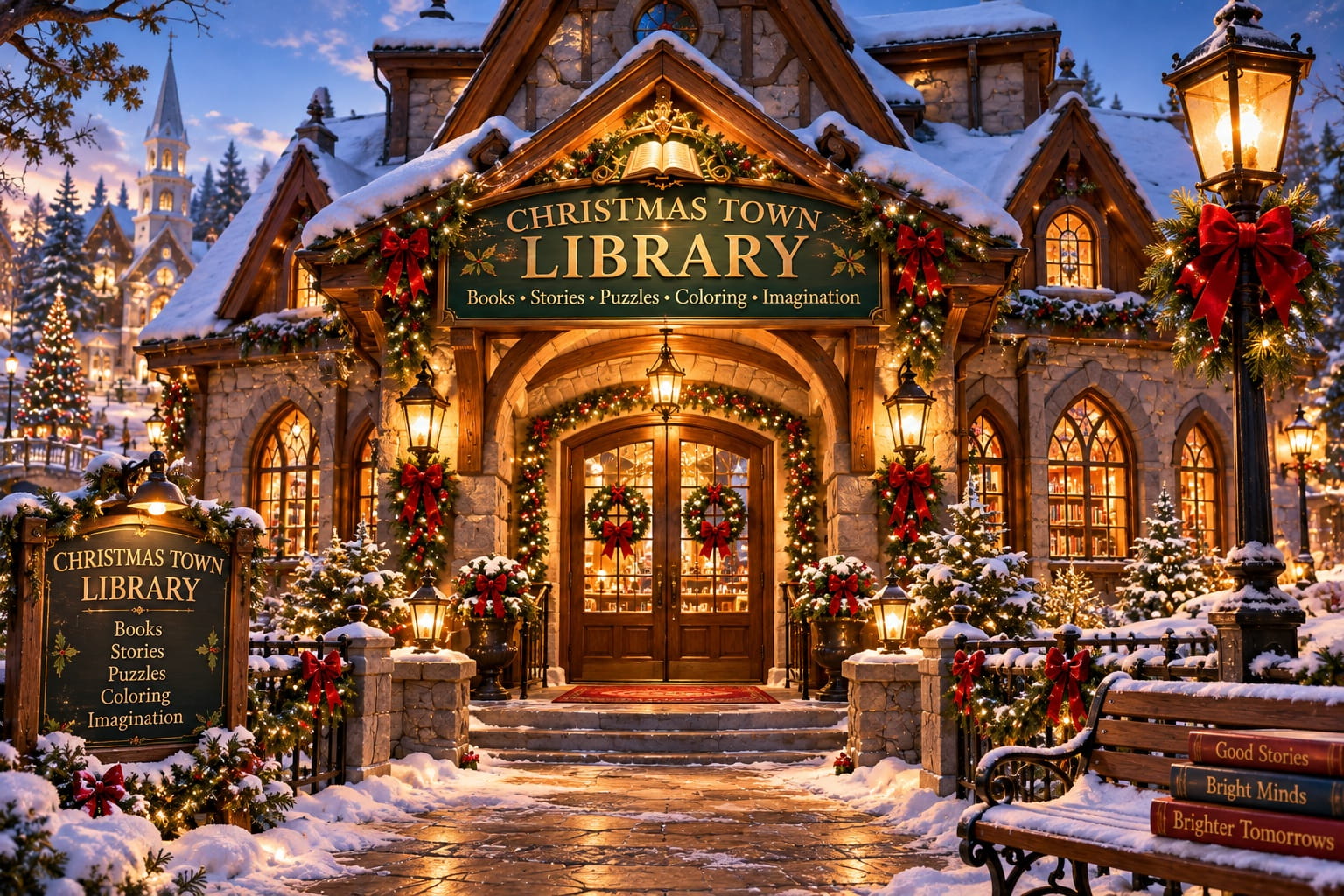 The Christmas Town Library at dusk, a stone and timber building trimmed with garland, red bows and lanterns, with a sign reading Books, Stories, Puzzles, Coloring, Imagination.