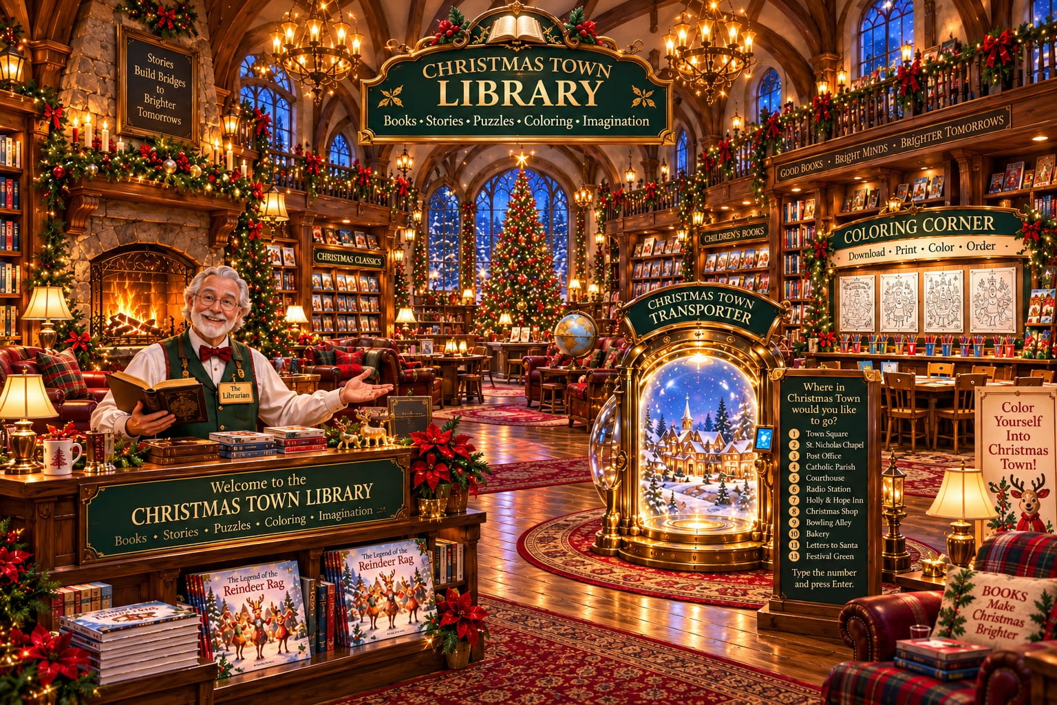 Inside the Christmas Town Library: the Librarian behind the counter where The Legend of the Reindeer Rag is displayed, a Coloring Corner with crayons and coloring sheets, and the Transporter that can take you anywhere in town.