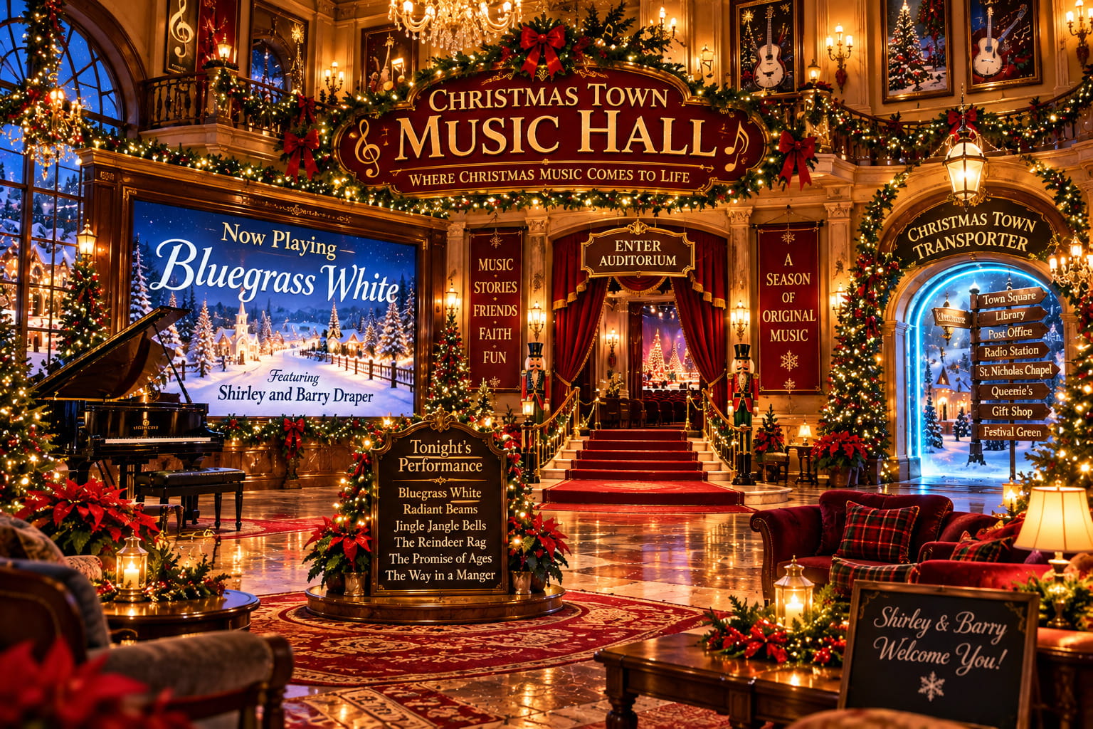 Inside the lobby of the Town Music Hall, decorated for Christmas.