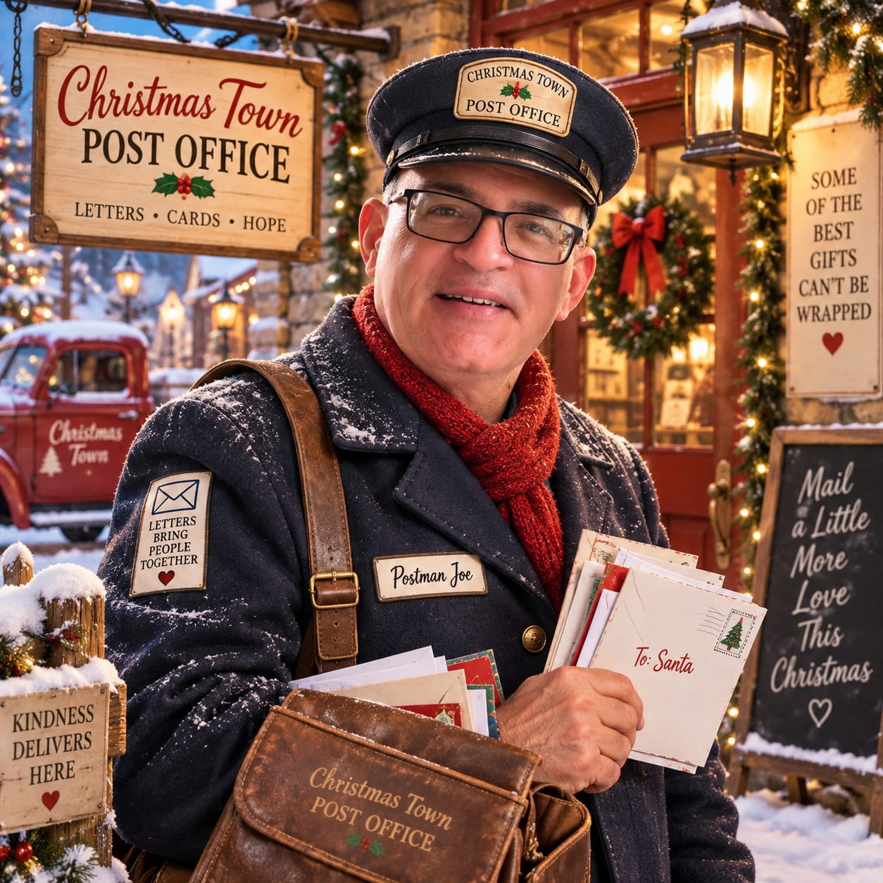 Postman Joe holding a stack of Christmas letters
