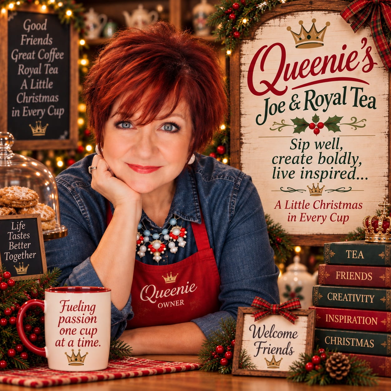 Queenie, the shop owner, smiling behind the counter
