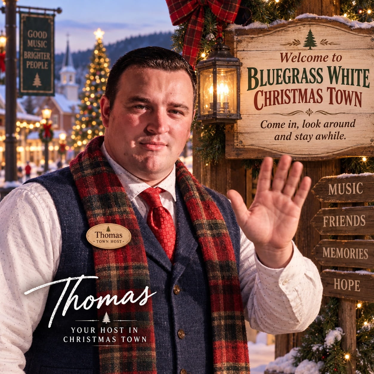 Thomas, the Town Host, waving hello