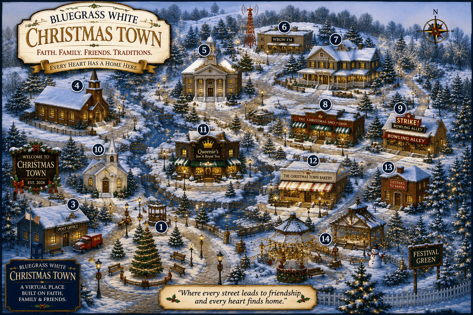 Illustrated map of Bluegrass White Christmas Town, showing the Post Office, WBGW-FM Radio Station, the Christmas Shoppe, and other town buildings